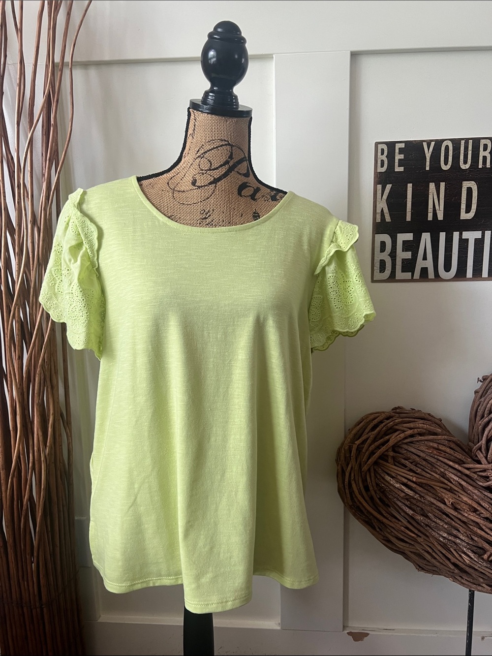 Notations Light Lime Eyelet Flutter Sleeve Tee